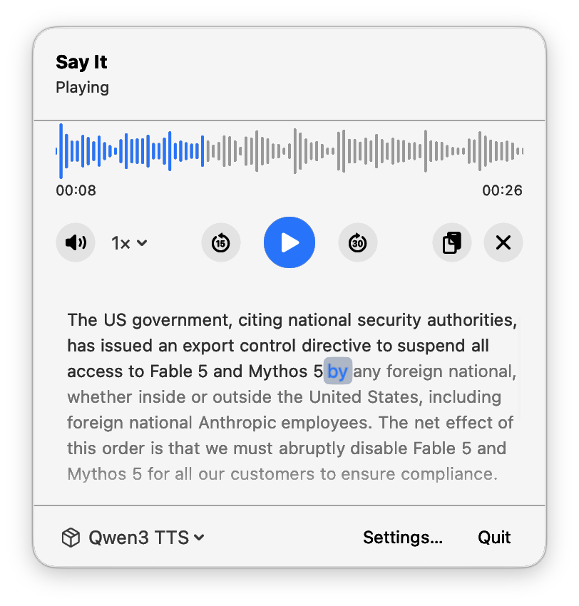 SayIt's menu-bar player showing a waveform, playback controls, and the spoken text with the current word highlighted